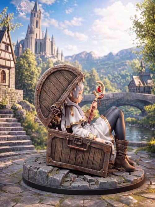 Right-facing profile of Frieren in an open mimic chest, showing her raised knees, brown boots, staff and round stone base.