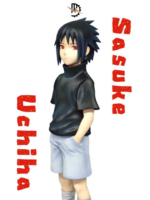 Three-quarter view of Sasuke Uchiha with red eyes, spiked dark hair, a black high-collared shirt and pale shorts.