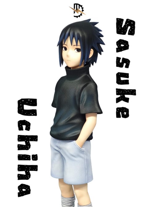 Three-quarter view of Sasuke Uchiha with black eyes, a textured black shirt and one visible hand tucked into his shorts pocket.