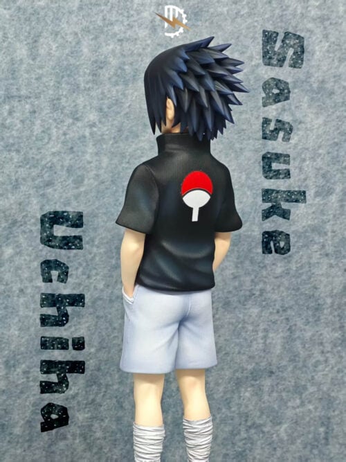 Rear three-quarter view of Sasuke Uchiha showing spiked dark hair and the red-and-white fan emblem on his black shirt.
