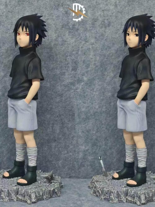 Full-length three-quarter comparison of red-eyed and black-eyed Sasuke Uchiha versions on rocky bases with embedded weapons.