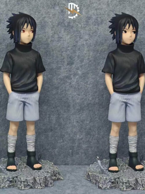 Front comparison of red-eyed and black-eyed Sasuke Uchiha versions, both with hands in pockets on rocky weapon-studded bases.