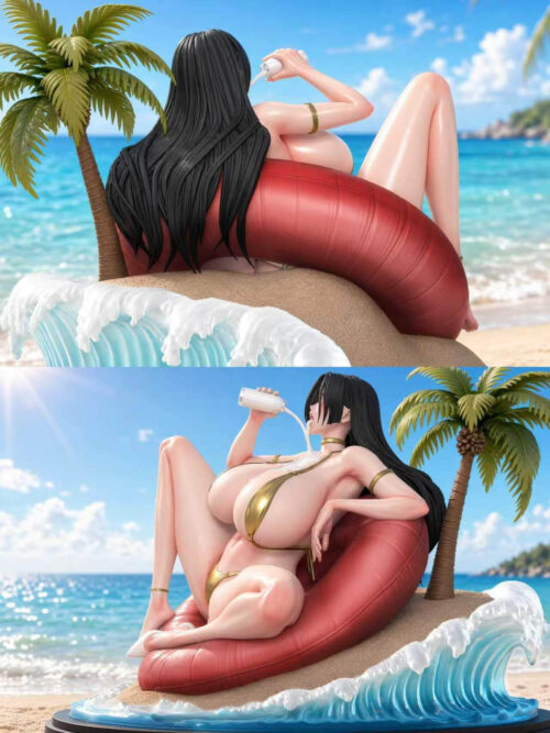 Two-panel collage showing rear and side views of Boa Hancock, her long black hair, red lounge seat, palm tree and wave-edged base.
