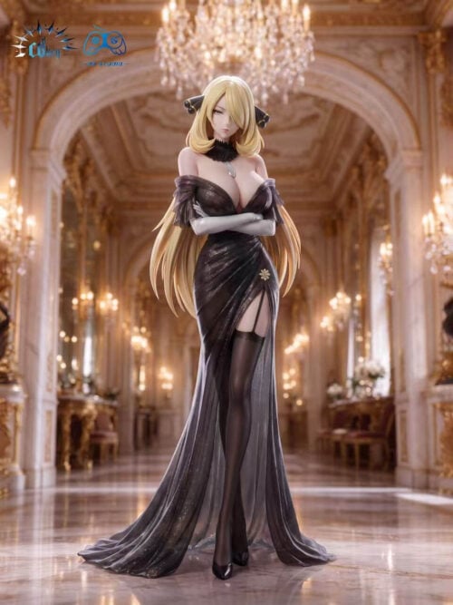 Cynthia statue in a black off-the-shoulder gown with crossed silver-colored gloves and a spreading train, against an ornate hall backdrop.
