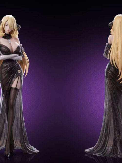 Front and rear views of the same Cynthia statue, showing a black evening gown, long blonde hair and a flowing train against a purple background.