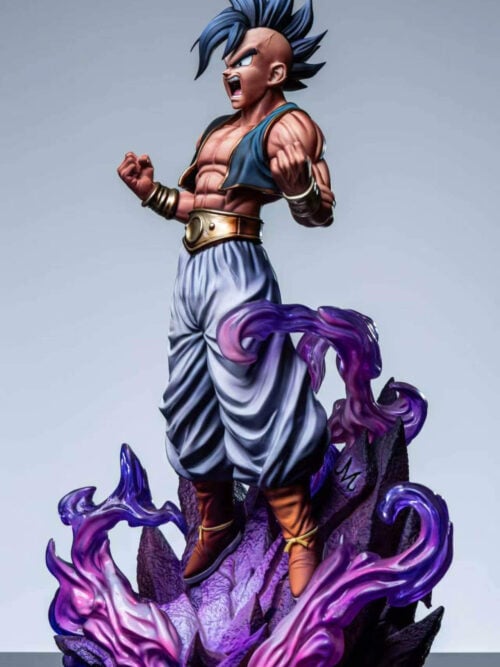 Three-quarter view of Uub with clenched fists and a shouting expression above a jagged base surrounded by curling purple effects.