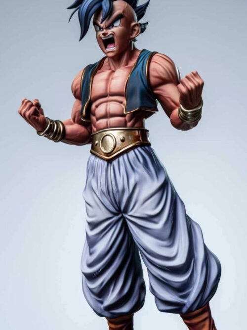 Uub standing on a flat surface without the energy base, with a shouting expression, clenched fists and orange boots.