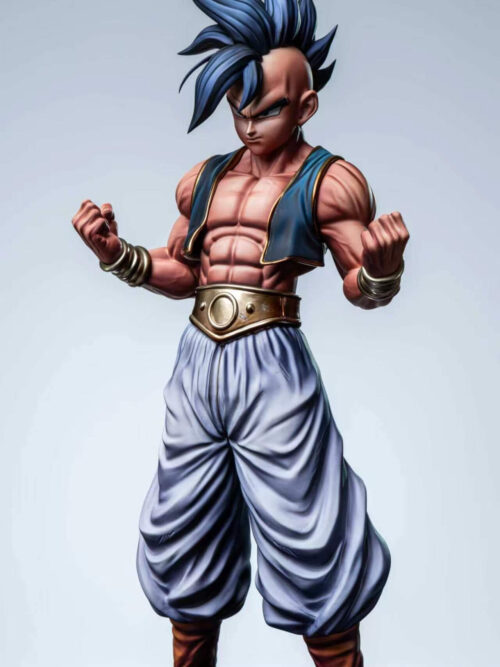 Uub standing on a flat surface with a closed-mouth expression, blue vest, gold-toned belt and loose pale trousers.