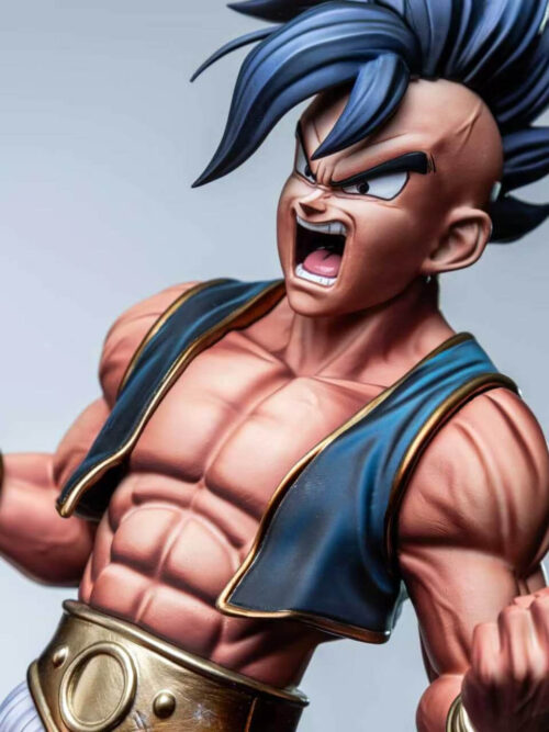 Close-up of Uub's shouting face, blue-and-gold vest, clenched fists and gold-toned wristbands.