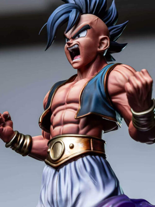 Low-angle close-up of Uub with an open-mouthed shout, swept-up mohawk and blue vest, with a purple effect in the foreground.