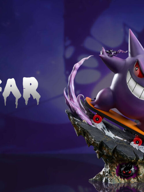 Front view of grinning Gengar on an orange skateboard, with purple effects, a Poké Ball and a dark red-eyed face in the rocky base.