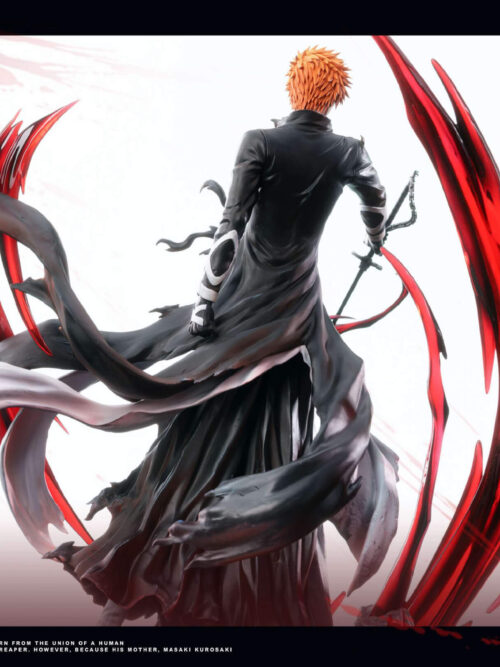 Rear view of Ichigo Kurosaki showing flowing torn black robes, white lining and tall red-and-black effect arcs.