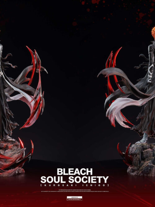 Front and rear views of the same Ichigo Kurosaki statue, with dimensions labeled 37.5 cm high, 27.6 cm wide and 21 cm deep.