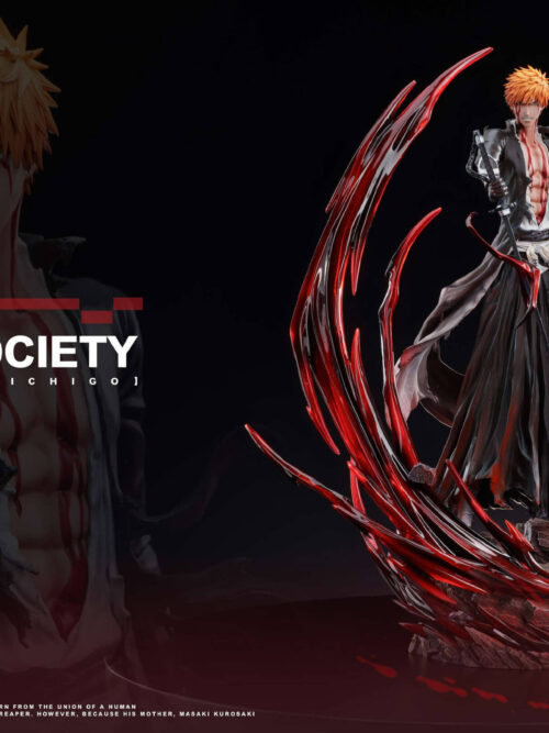 Promotional composite showing the full Ichigo Kurosaki statue with red-and-black effects and a rocky base beside an enlarged portrait.