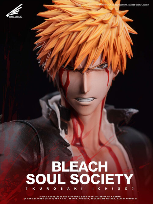 Close-up of Ichigo Kurosaki's face with layered orange hair, narrowed eyes, clenched teeth and painted blood streaks.