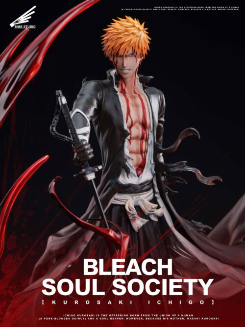 Ichigo Kurosaki upper-body detail showing orange hair, blood-streaked face and chest, and a sword hilt with a chain.