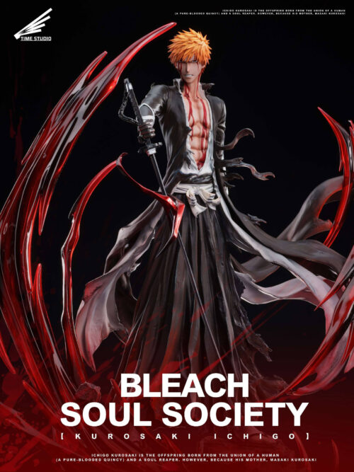 Front promotional view of Ichigo Kurosaki holding a lowered sword, framed by red-and-black effects and torn robes.