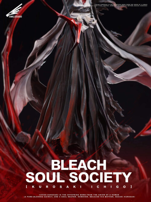Detail of Ichigo Kurosaki's pleated black robes, trailing white lining and downward-angled sword among red-and-black effects.