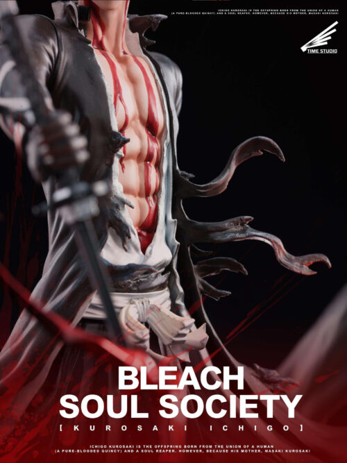 Detail of Ichigo Kurosaki's blood-streaked torso, torn black robe edges, white lining and knotted waist sash.