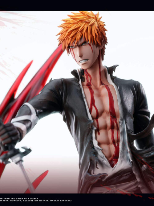 Ichigo Kurosaki upper-body view against a white backdrop, showing his sword hand, blood-streaked chest and torn black robes.