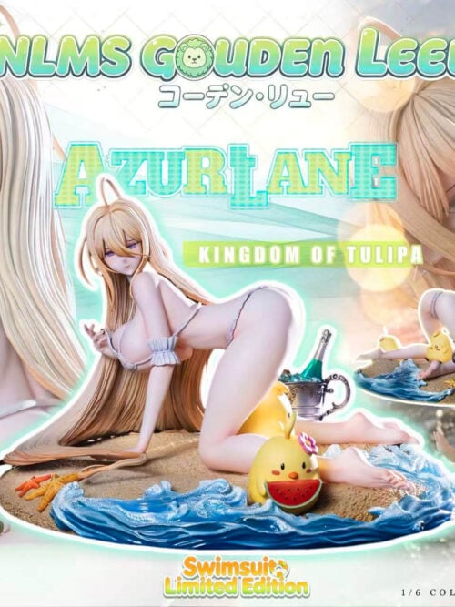 Promotional collage of Gouden Leeuw in a white bikini, with multiple statue views and a beach base with blue waves and yellow birds.