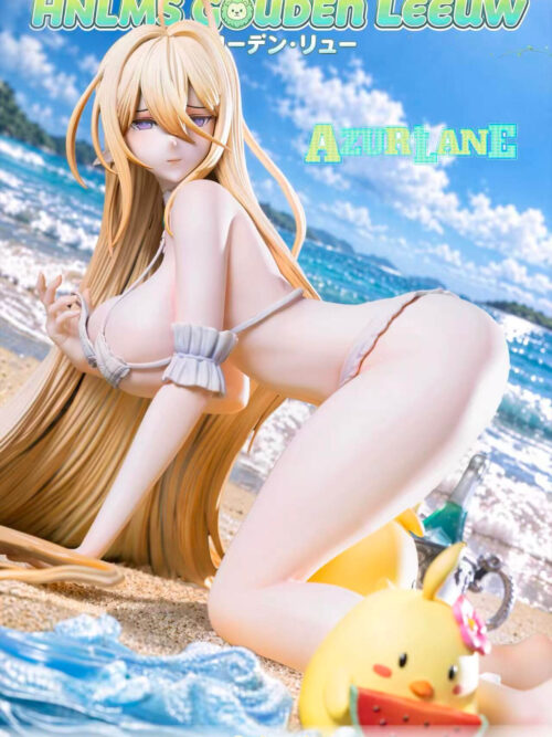 Gouden Leeuw statue in a white ruffled bikini against an ocean backdrop, with blue sculpted surf and a yellow bird holding watermelon.
