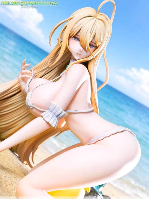 Close view of Gouden Leeuw's purple eyes, long blonde hair and white ruffled bikini against a blue ocean backdrop.