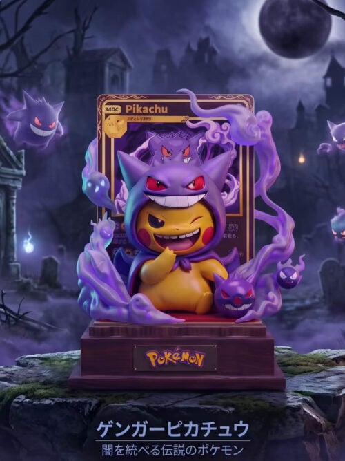 Pikachu in a Gengar costume with purple ghost effects, a card backdrop and named wooden base against an illustrated graveyard.