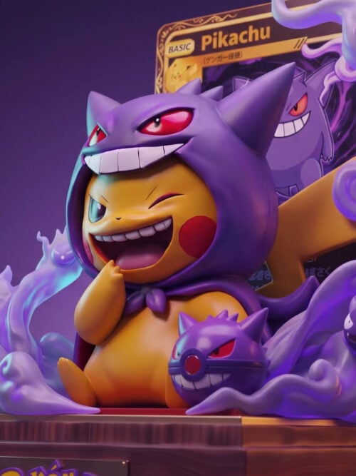 Angled close-up of Gengar-costumed Pikachu showing its wink, grinning purple hood, yellow tail and curling ghost effects.