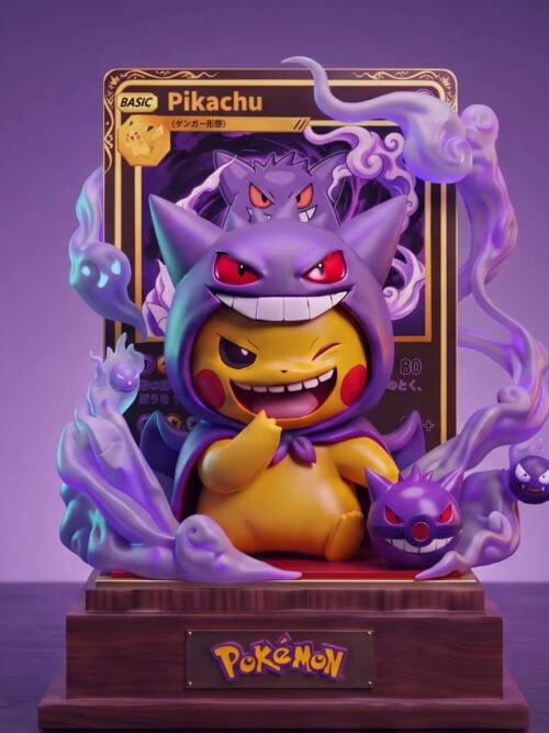 Front view of winking Pikachu in a purple Gengar hood, surrounded by ghost effects before a card backdrop on a stepped wooden base.