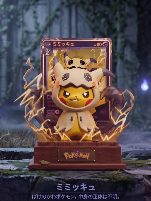 Pikachu in a cream Mimikyu costume with dark claw-like forms, yellow lightning and a card backdrop against illustrated ruins.