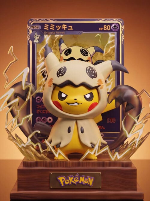 Front view of Pikachu in a ragged cream Mimikyu hood and cape, framed by dark claws and yellow lightning on a named wooden base.