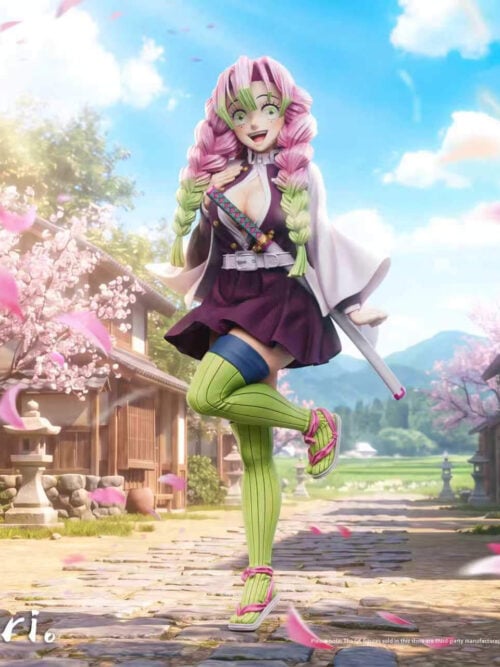 Painted reference of Mitsuri Kanroji balancing on one leg with an open-mouth smile against a cherry-blossom village backdrop.