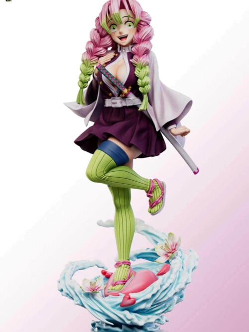 Painted reference of Mitsuri Kanroji with an open-mouth smile, sheathed sword and blue-and-white wave base with pink hearts and flowers.