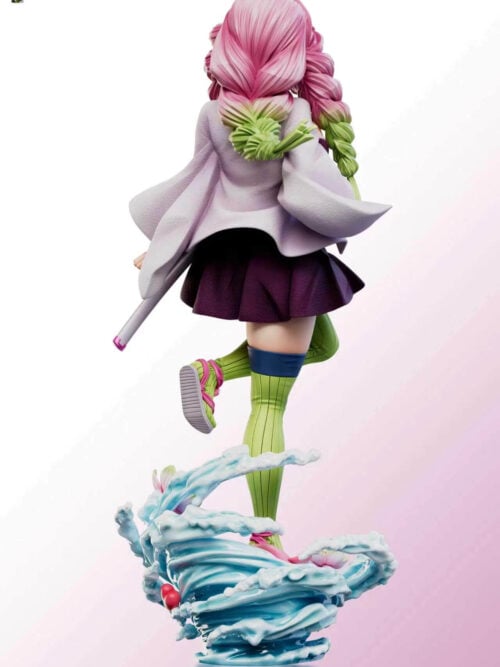 Rear painted reference view of Mitsuri Kanroji showing pink-and-green braids, flared white haori, sword sheath and curling wave base.