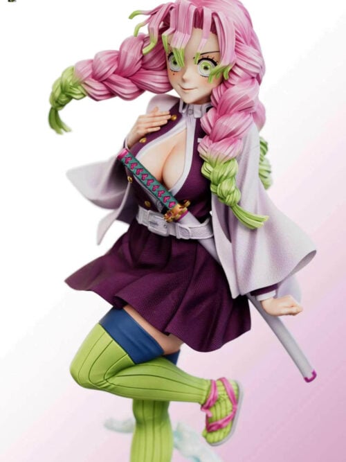 Painted reference detail of Mitsuri Kanroji with a closed-mouth smile, one braid swept outward, a raised hand and a sheathed sword.