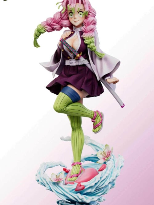 Full painted reference of Mitsuri Kanroji with a closed-mouth smile and outward-swept braid above a wave base with hearts and flowers.