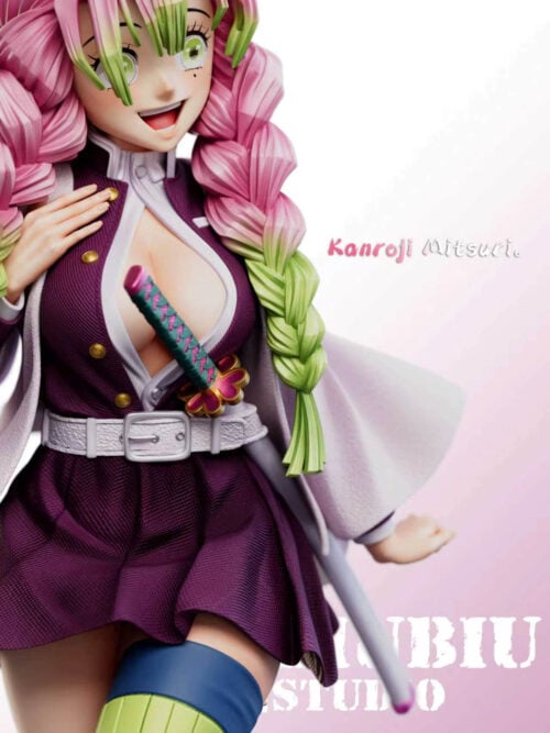 Painted reference close-up of Mitsuri Kanroji's open-mouth smile, pink-and-green braids, textured uniform and pink-patterned sword hilt.