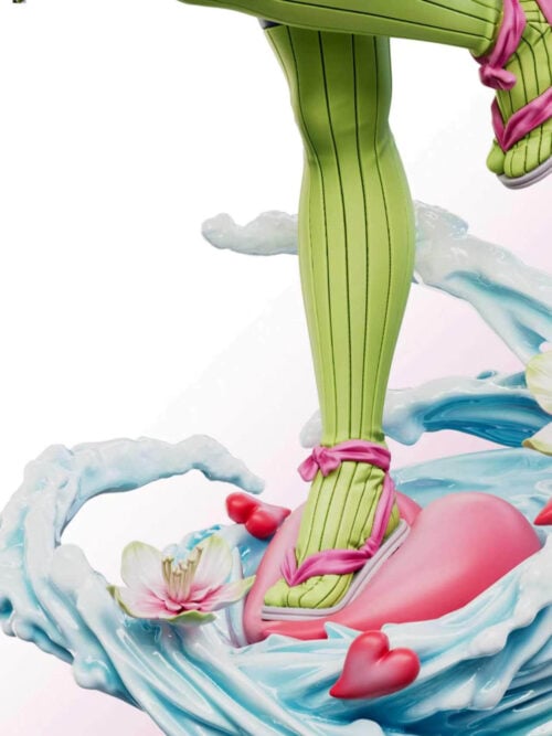 Painted reference detail of Mitsuri Kanroji's green stockings and pink-strapped sandals above blue-and-white waves, pink hearts and flowers.