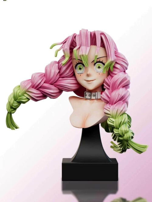 Painted reference of Mitsuri Kanroji's closed-mouth alternate head with pink-and-green braids displayed on a black stand.