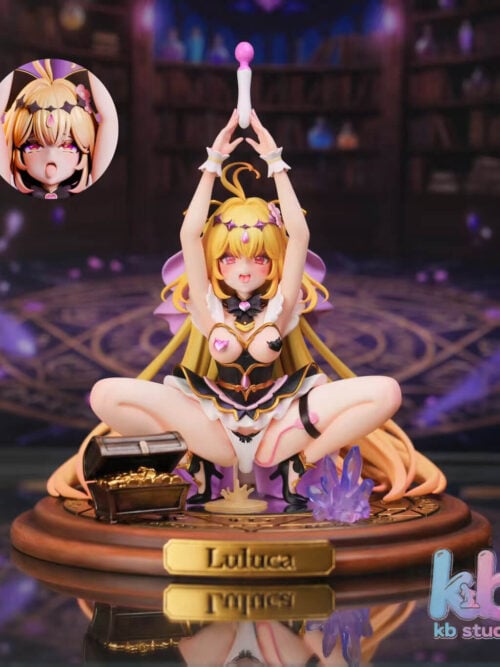 Front view of KB Studio's Moria Luluka figure on a round base with a treasure chest, purple crystals and a face-detail inset.