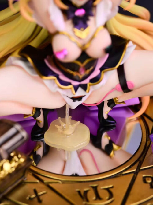 Angled close-up of Moria Luluka's black shoes and reflective display base, with gold-colored markings, a treasure chest and purple crystals.