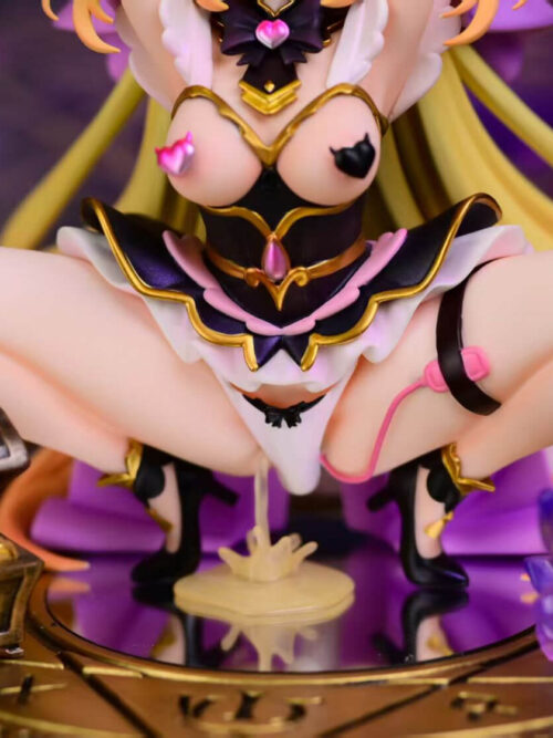Front detail of Moria Luluka's black-and-gold costume and shoes above a reflective base, with a treasure chest and purple crystal cluster.