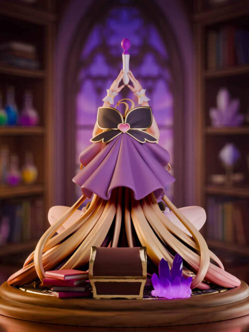 Rear view of Moria Luluka showing a large gold-trimmed bow, purple drapery, long blonde hair, books, a chest and purple crystals.