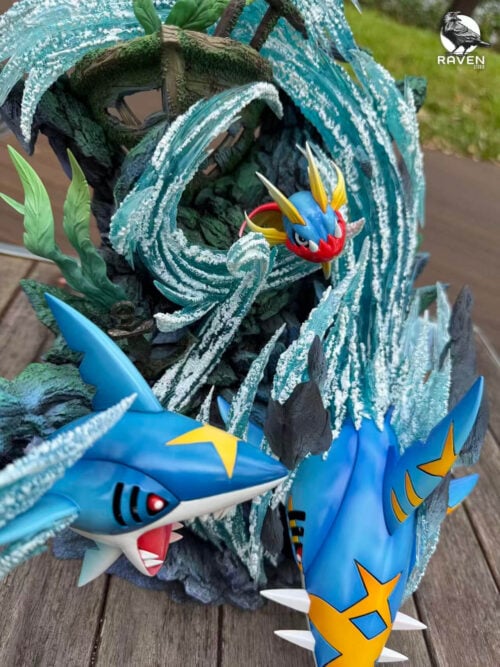 Elevated front detail showing Carvanha above Sharpedo and Mega Sharpedo, with curling water, green plants and a broken hull.