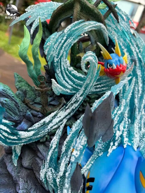 Carvanha beside a turquoise water spiral, with a weathered anchor, green aquatic plants and broken wooden hull behind it.