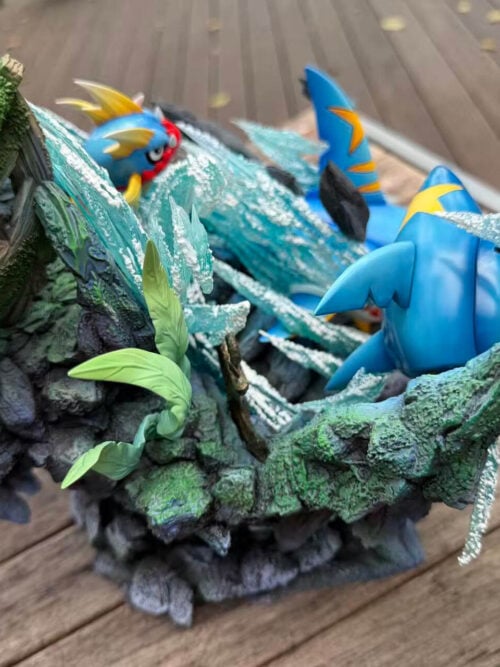 Elevated rear-side view showing Sharpedo's back, green aquatic plants, broken ship timbers and sweeping translucent water effects.