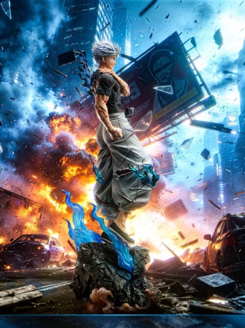 Battle-damaged Satoru Gojo statue with blue effects and a rocky base against a promotional city explosion backdrop.