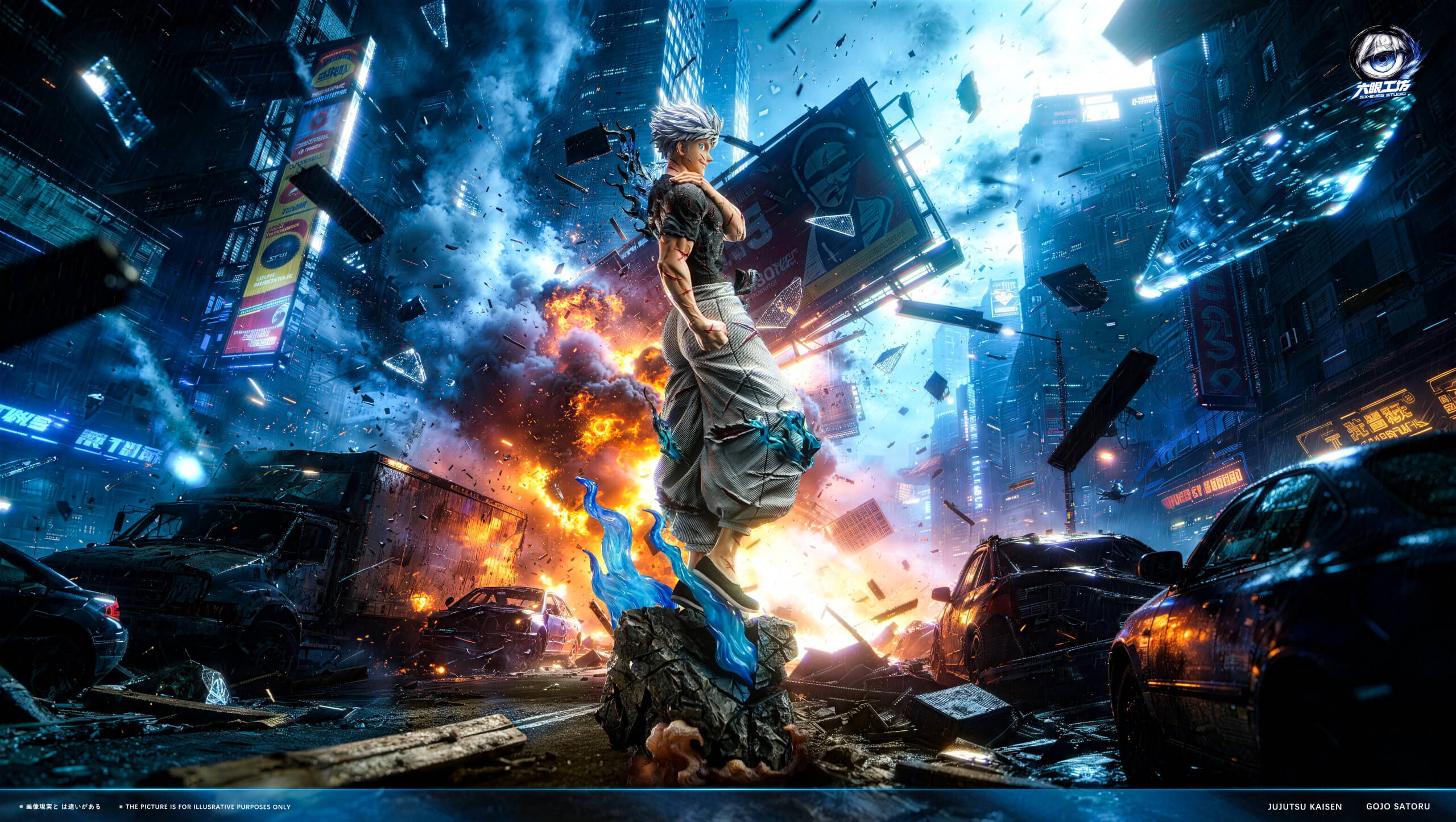 Satoru Gojo Battle-Damaged — Full Statue Promotional Scene Battle-damaged Satoru Gojo statue with blue effects and a rocky base against a promotional city explosion backdrop.