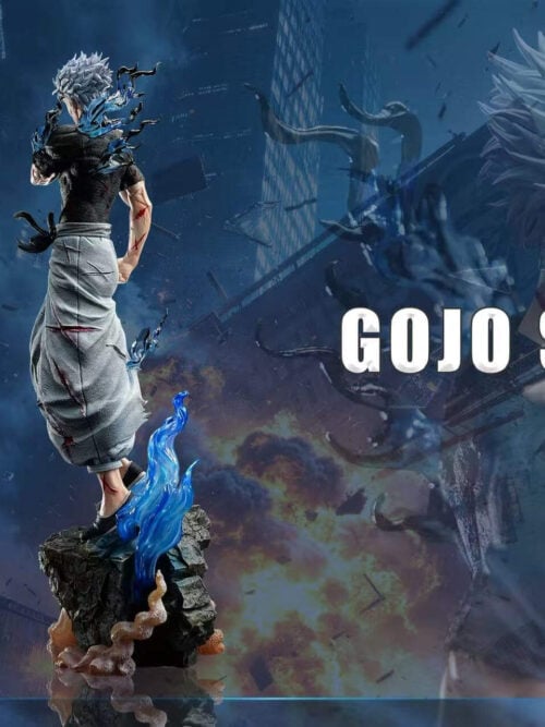 Promotional collage showing front and rear views of the same Satoru Gojo statue beside an enlarged portrait.